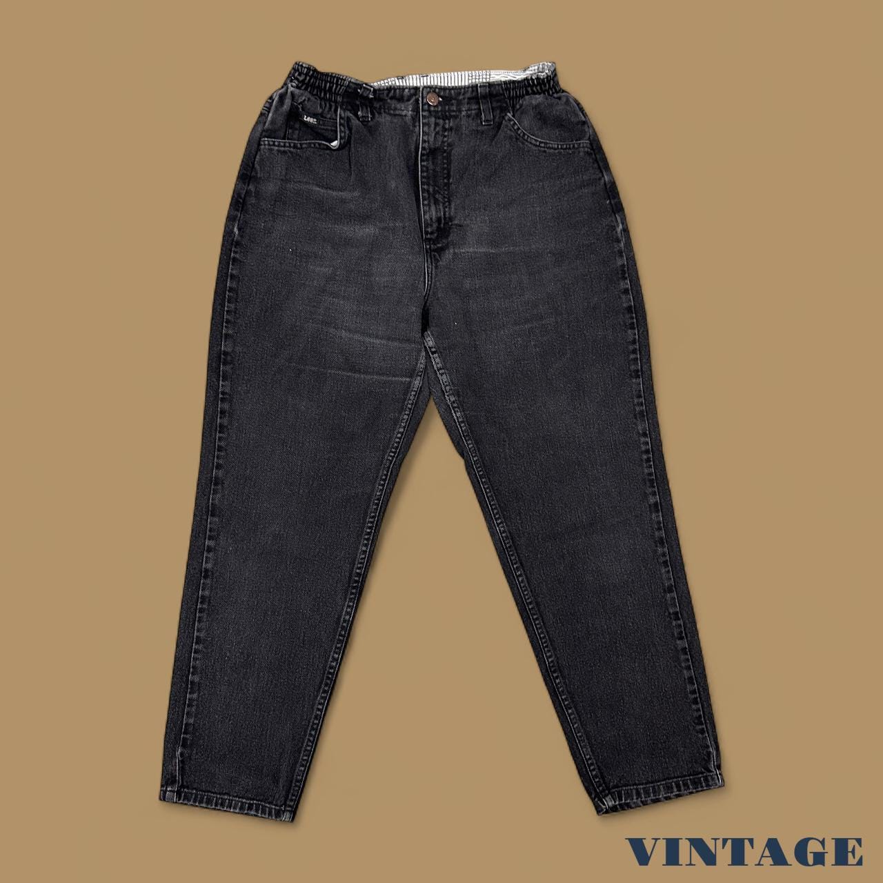 Vintage 90s Lee Elastic Waist Tapered Leg Mom Jeans Charcoal Black W31 L29