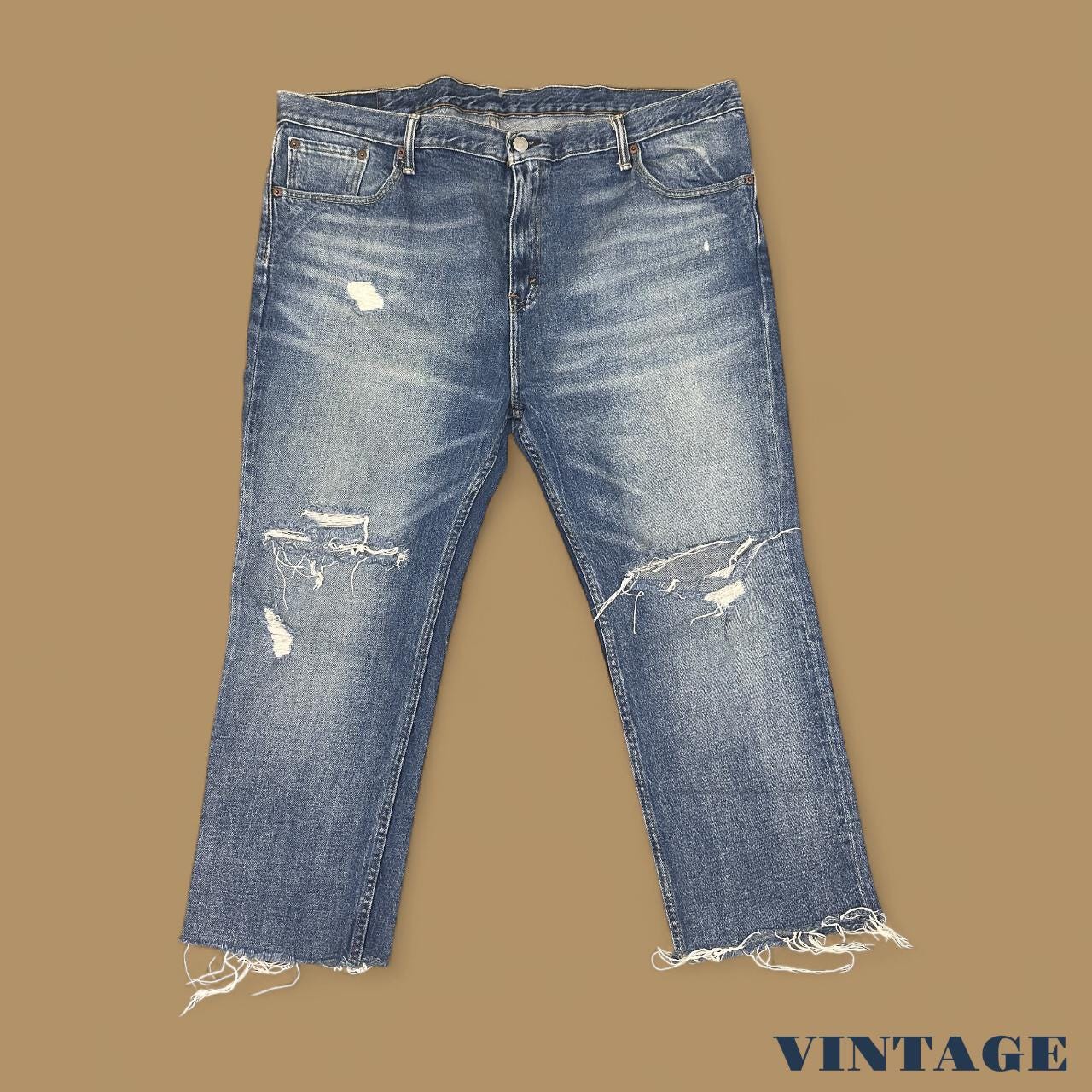 Vintage Levi's 511 Distressed Slim Straight Leg Raw Hem Cropped Jeans Mid Blue W40 L24