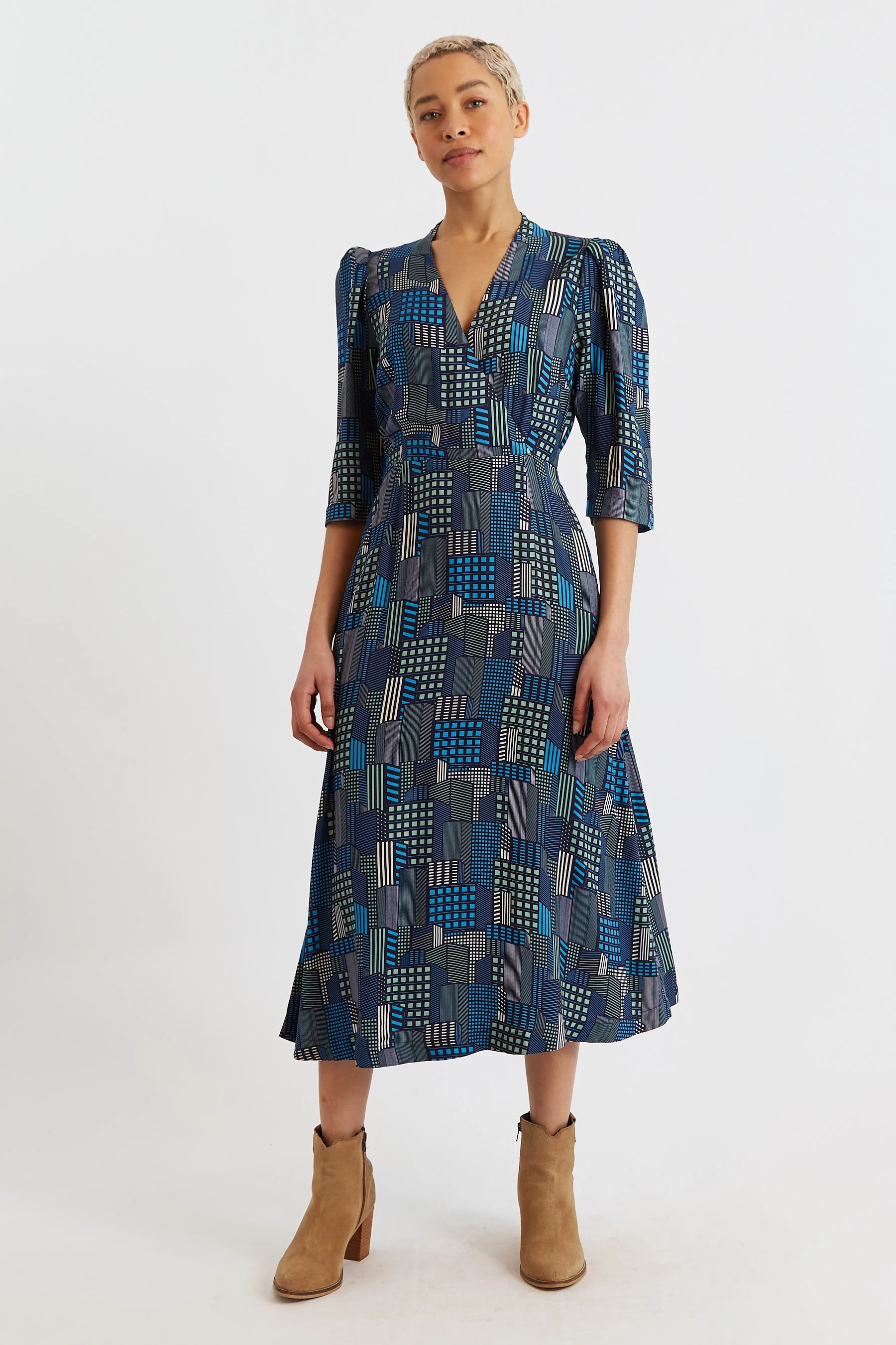 Metea Geo City Print Faux Wrap Midi Dress – Brag Vintage