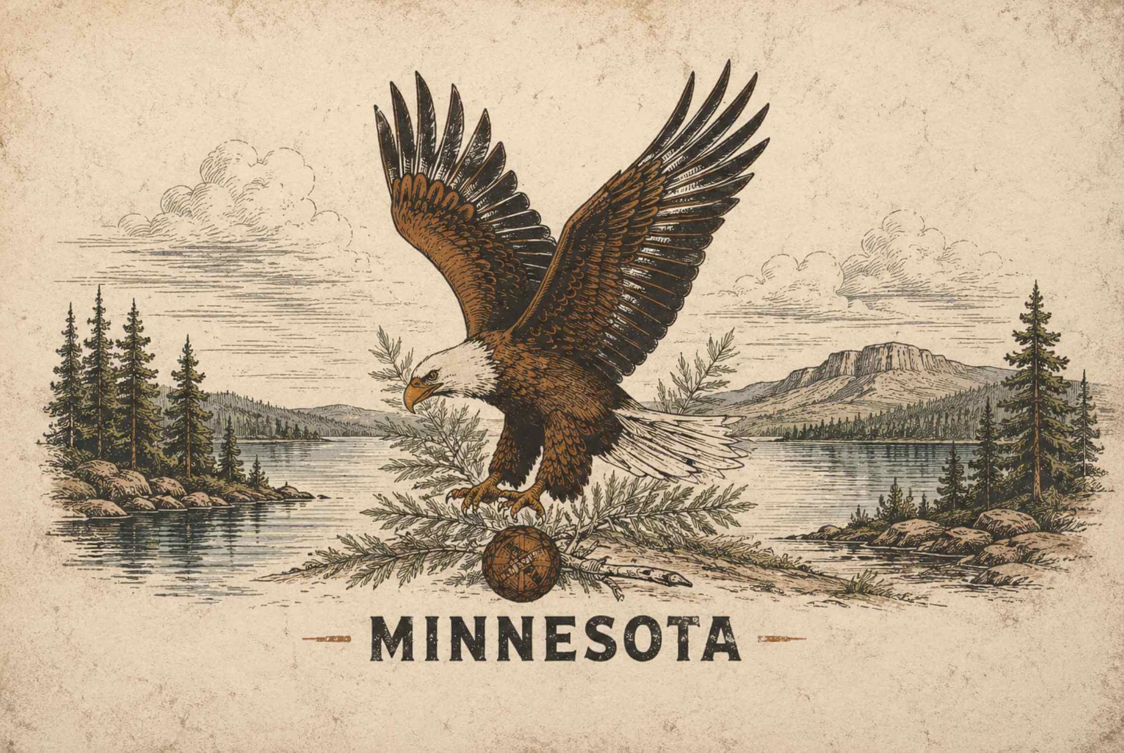 Vintage-style Minnesota bald eagle illustration inspired by classic Americana, graphic T-shirts and sweatshirts