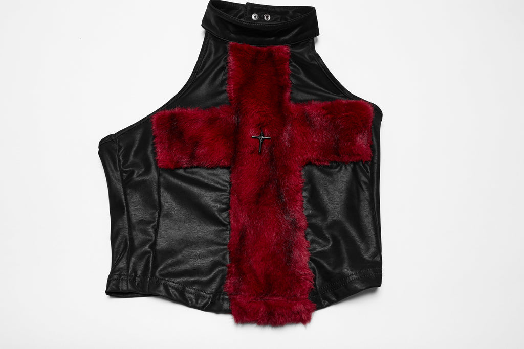 Punk Rave Valora Cross Fur Halter Top in Crimson