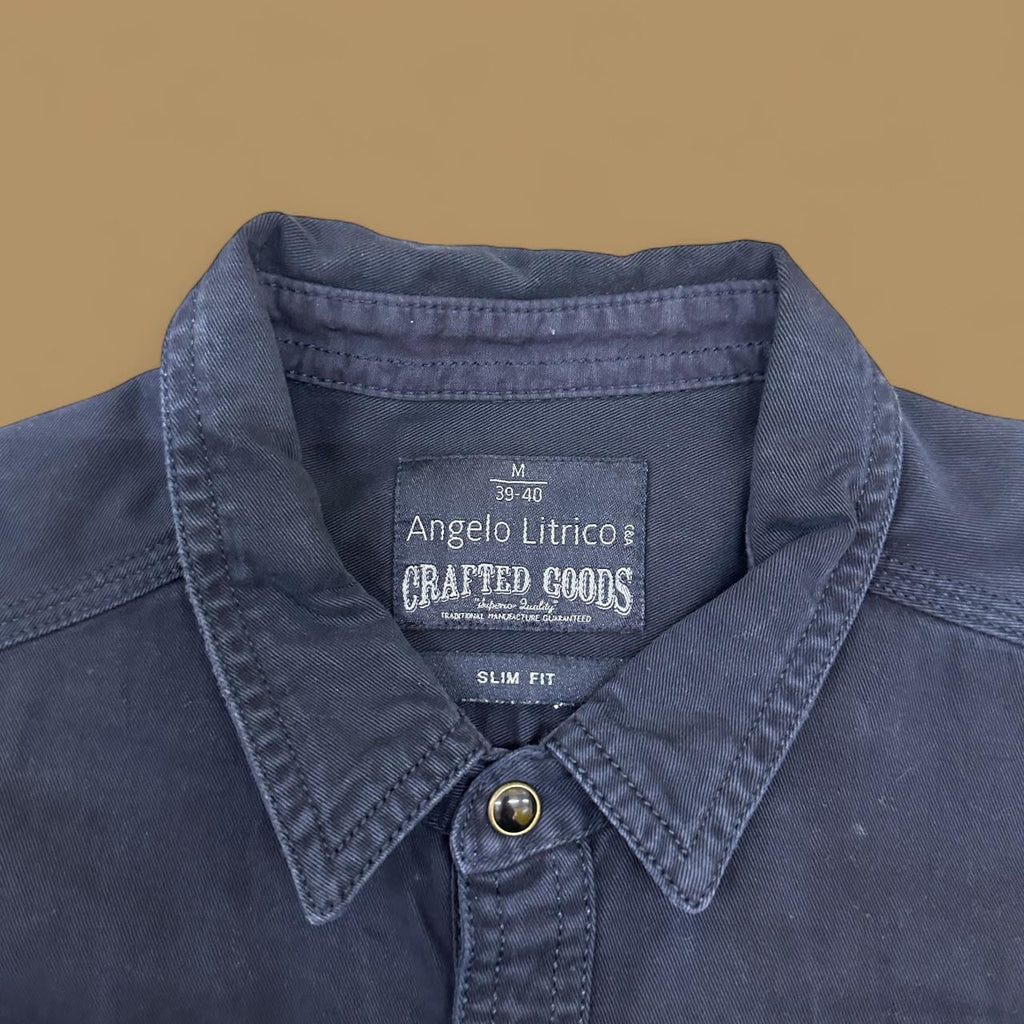 Vintage Y2k Angelo Litrico Slim Fit Patch Denim Shirt Navy Blue Medium