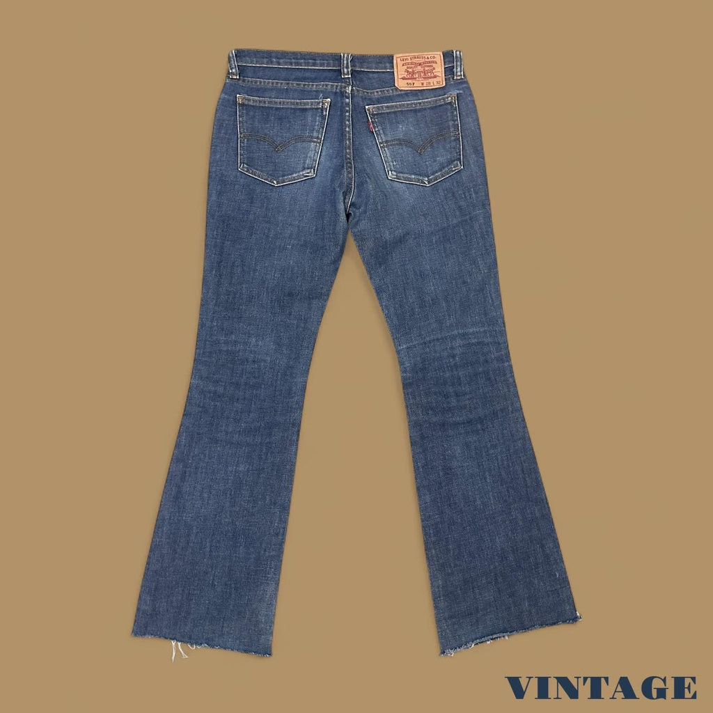 Vintage Y2k Levi&#39;s 557 Raw Hem Bootcut Jeans Dark Blue W30 L29