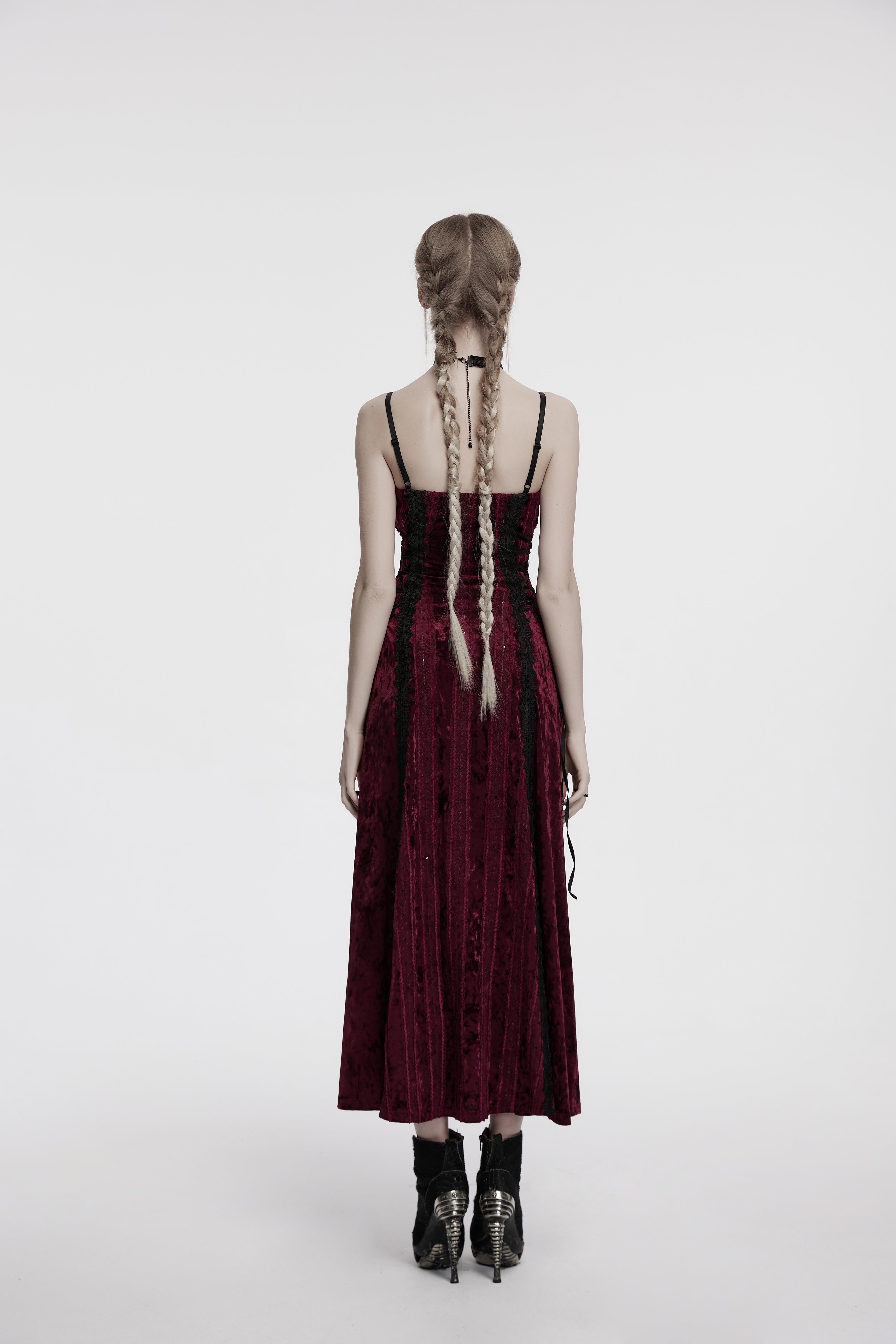 Punk Rave Vivienne Velvet Lace Panel Goth Slip Dress In Burgundy