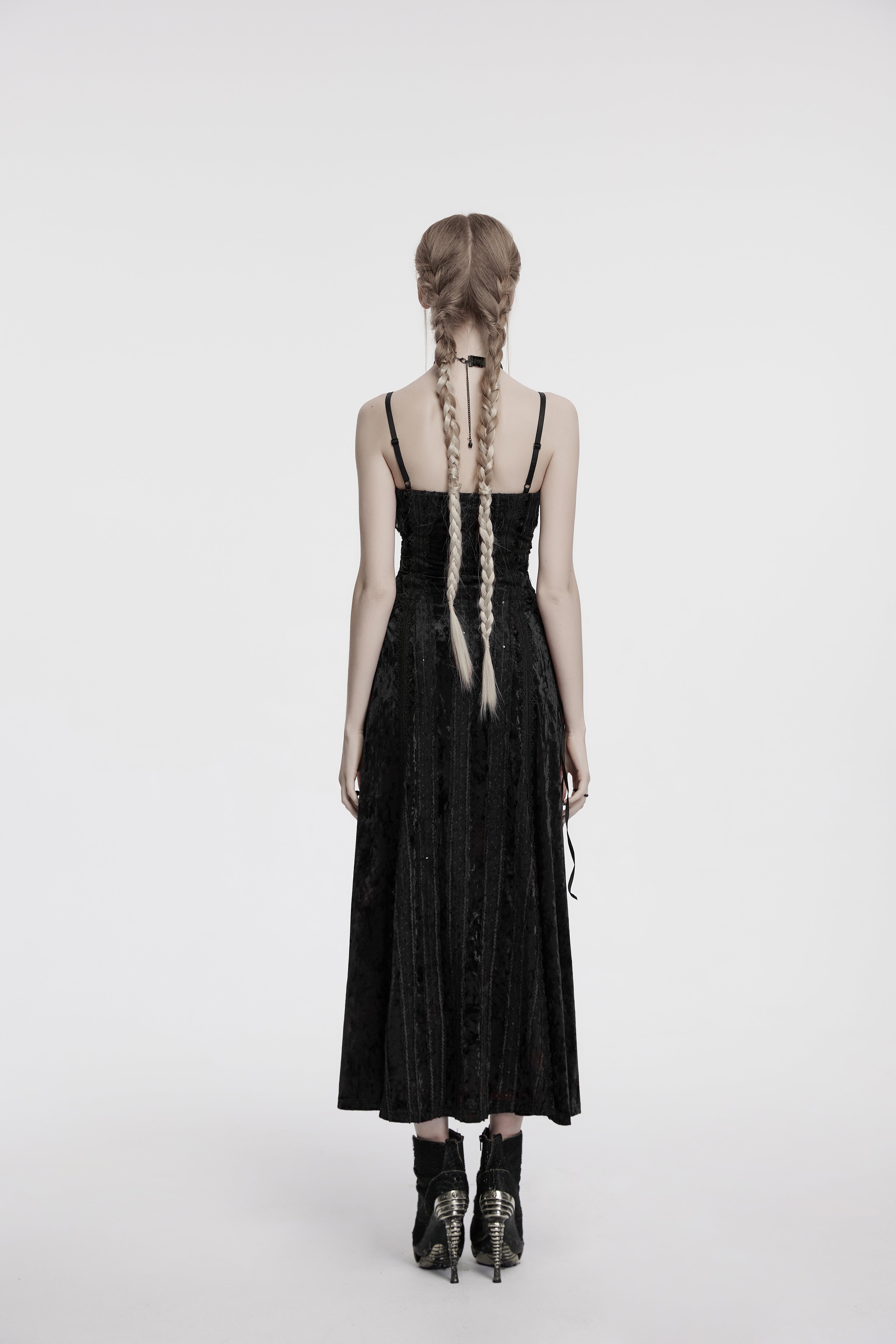 Punk Rave Morrigan Embroidered Velvet Goth Slip Dress In Black