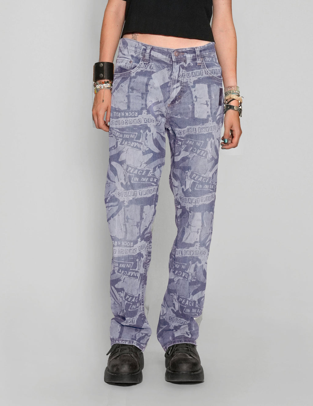 'Peace' Laser Print Jeans in Light Blue.