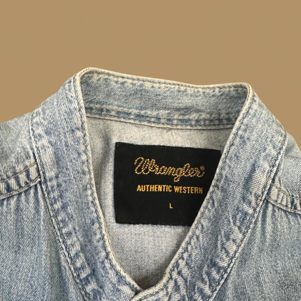 Vintage 80s Wrangler Grandad Collar Denim Shirt Light Blue Large