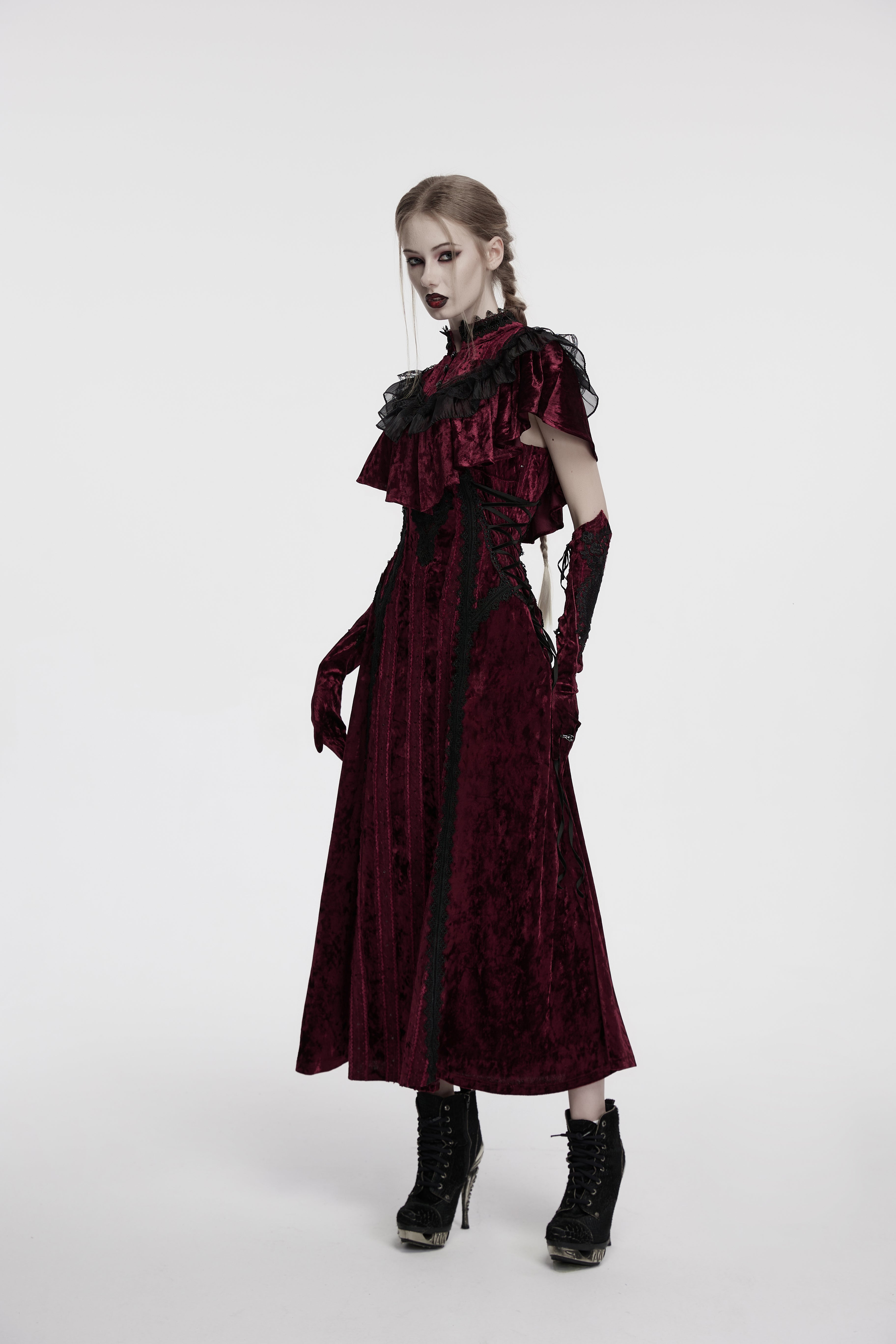 Punk Rave Vivienne Velvet Lace Panel Goth Slip Dress In Burgundy