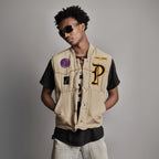 Vintage Patched Khaki Puffer Gilet Beige Medium