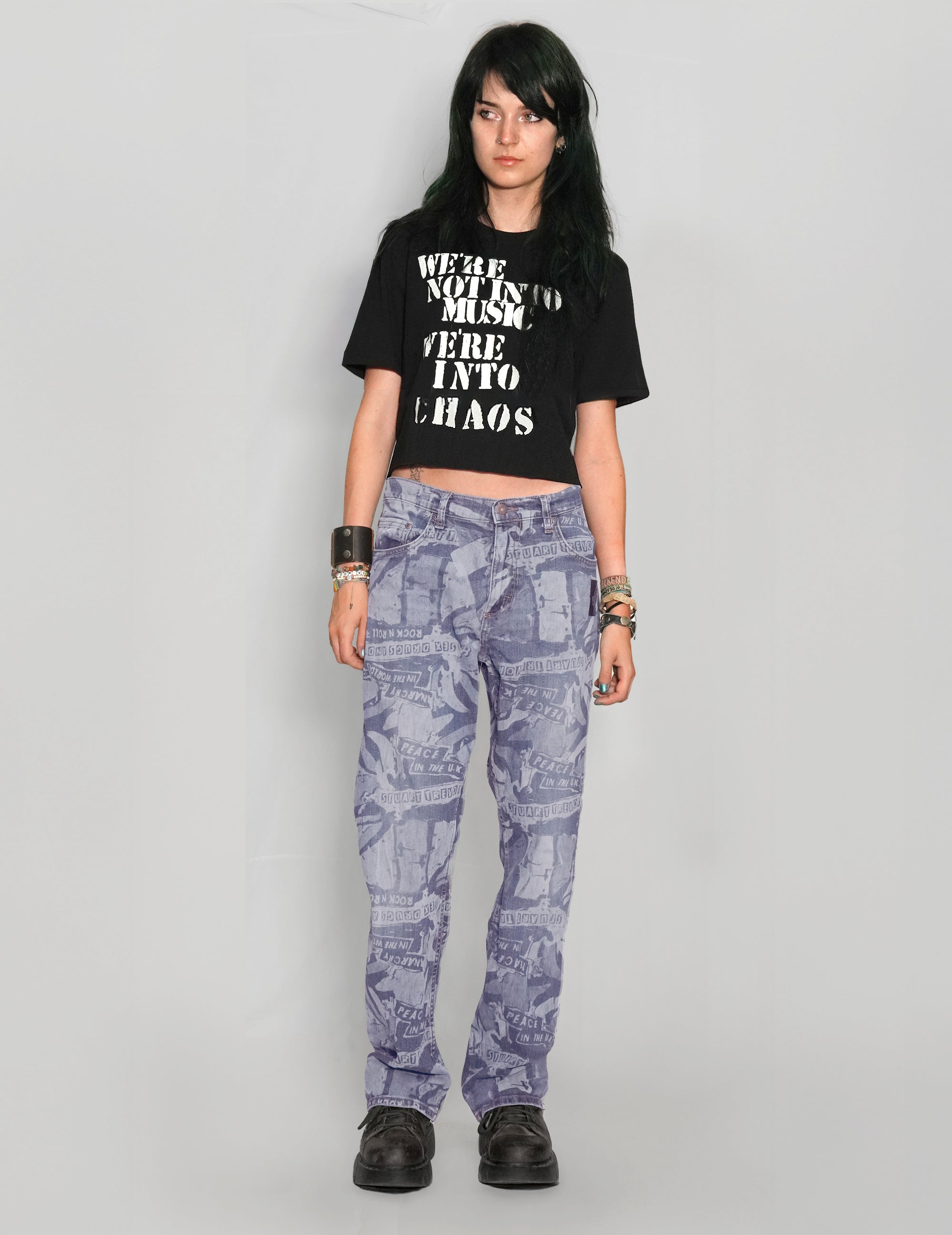 'Peace' Laser Print Jeans in Light Blue.
