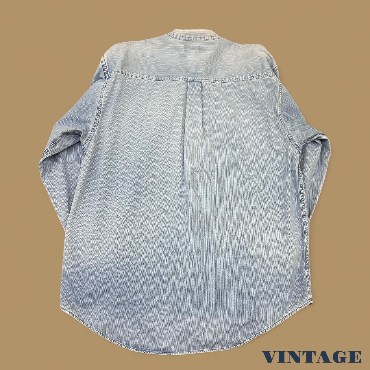 Vintage Moto Jeanswear Pinstripe Grandad Collar Denim Shirt Light Blue Large