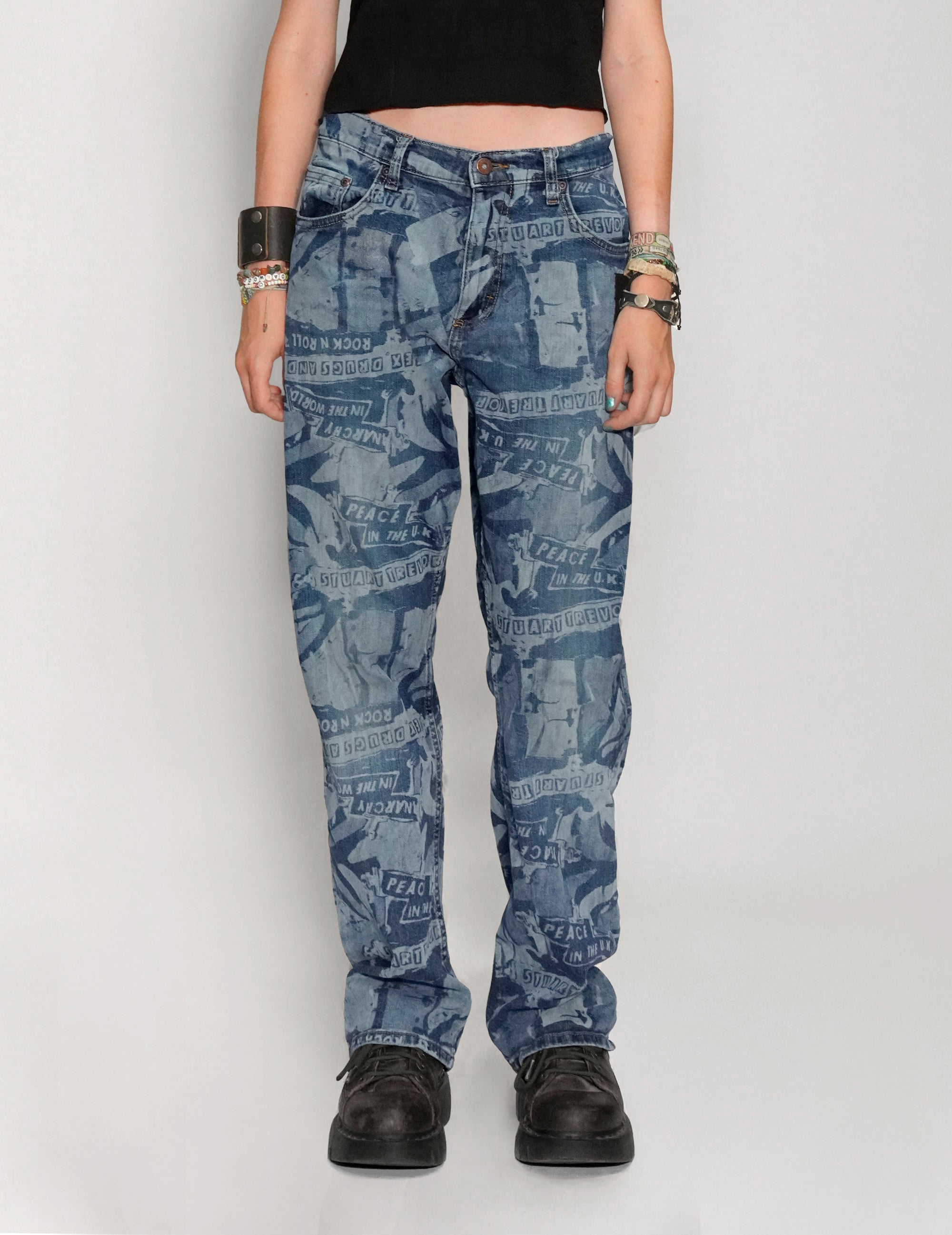 'Peace' Laser Print Jeans in Blue.