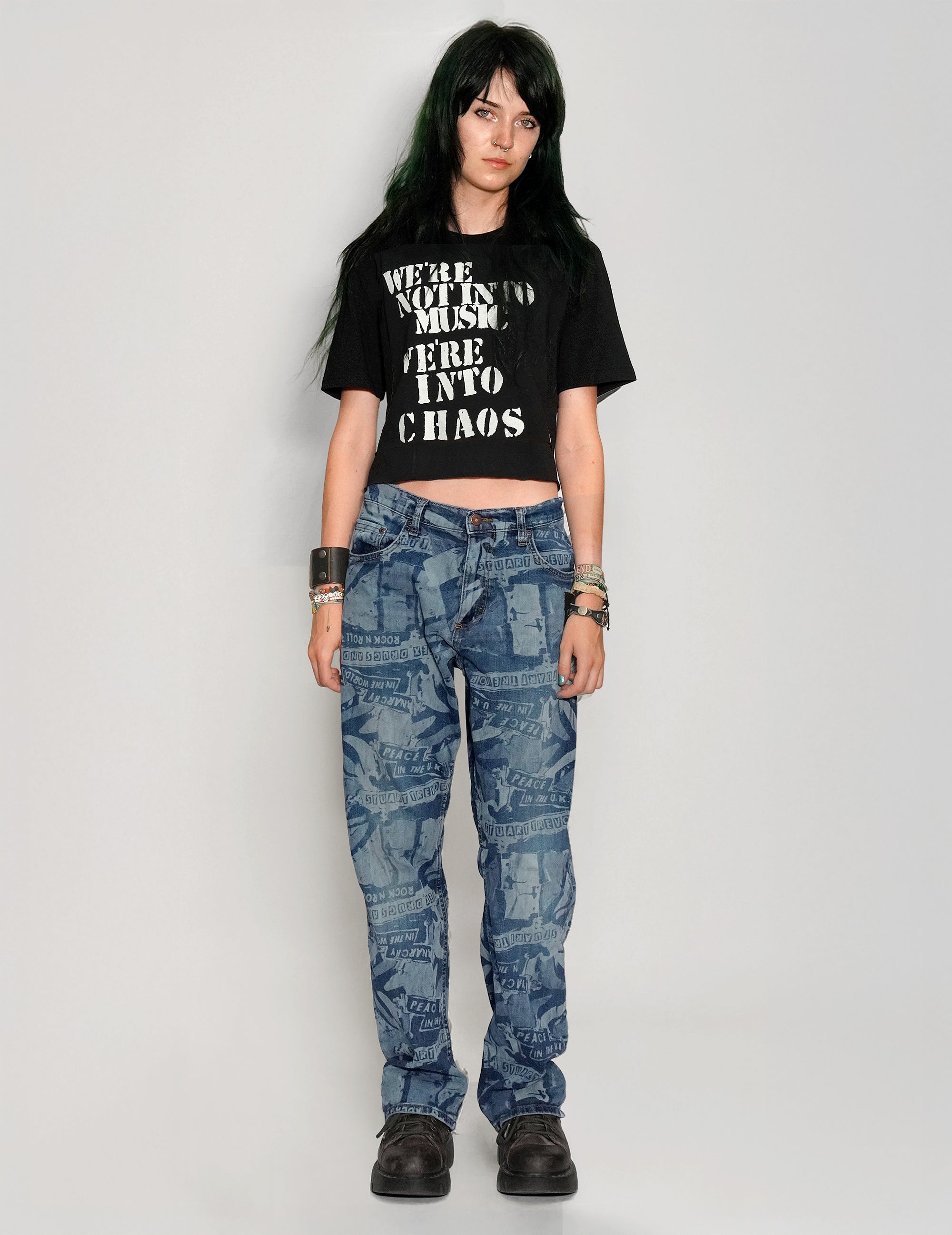 'Peace' Laser Print Jeans in Blue.