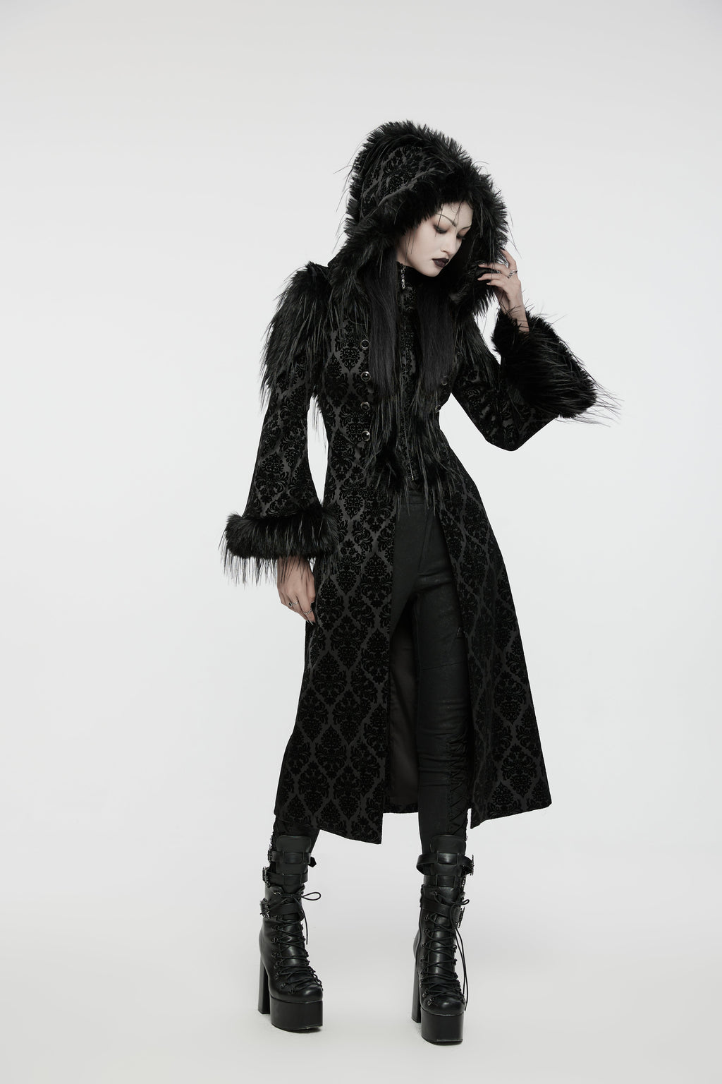 Punk Rave Morrigan Goth Gorgeous Jacquard Coat - Black