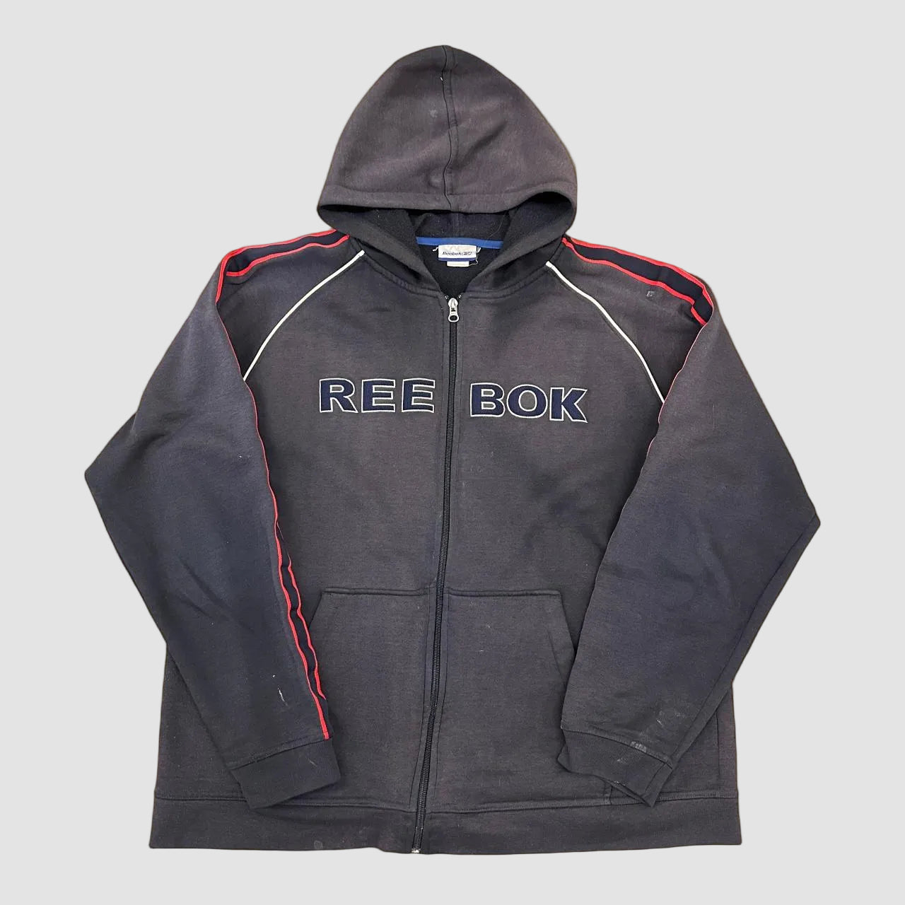 Vintage 90s Reebok Zip Up Logo Hoodie Navy Blue Large