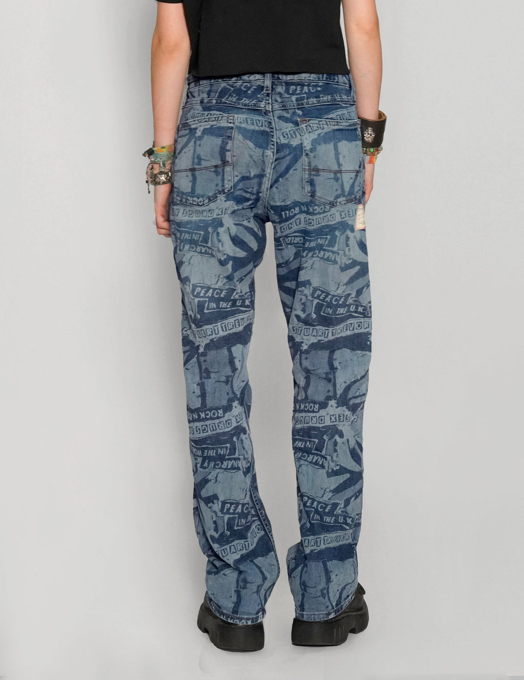 'Peace' Laser Print Jeans in Blue.