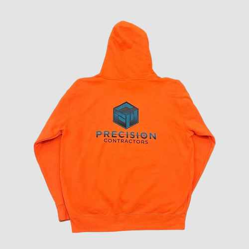 Vintage Precision Contractors Graphic Print Hoodie Neon Orange Large