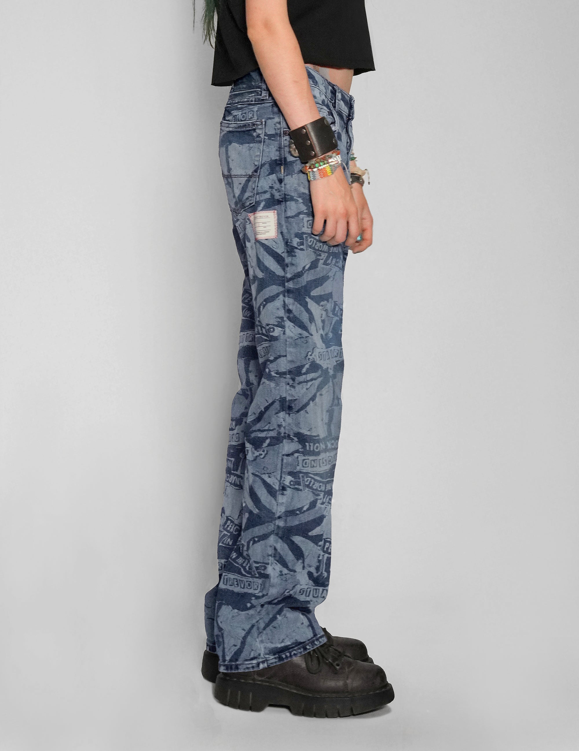 'Peace' Laser Print Jeans in Blue.