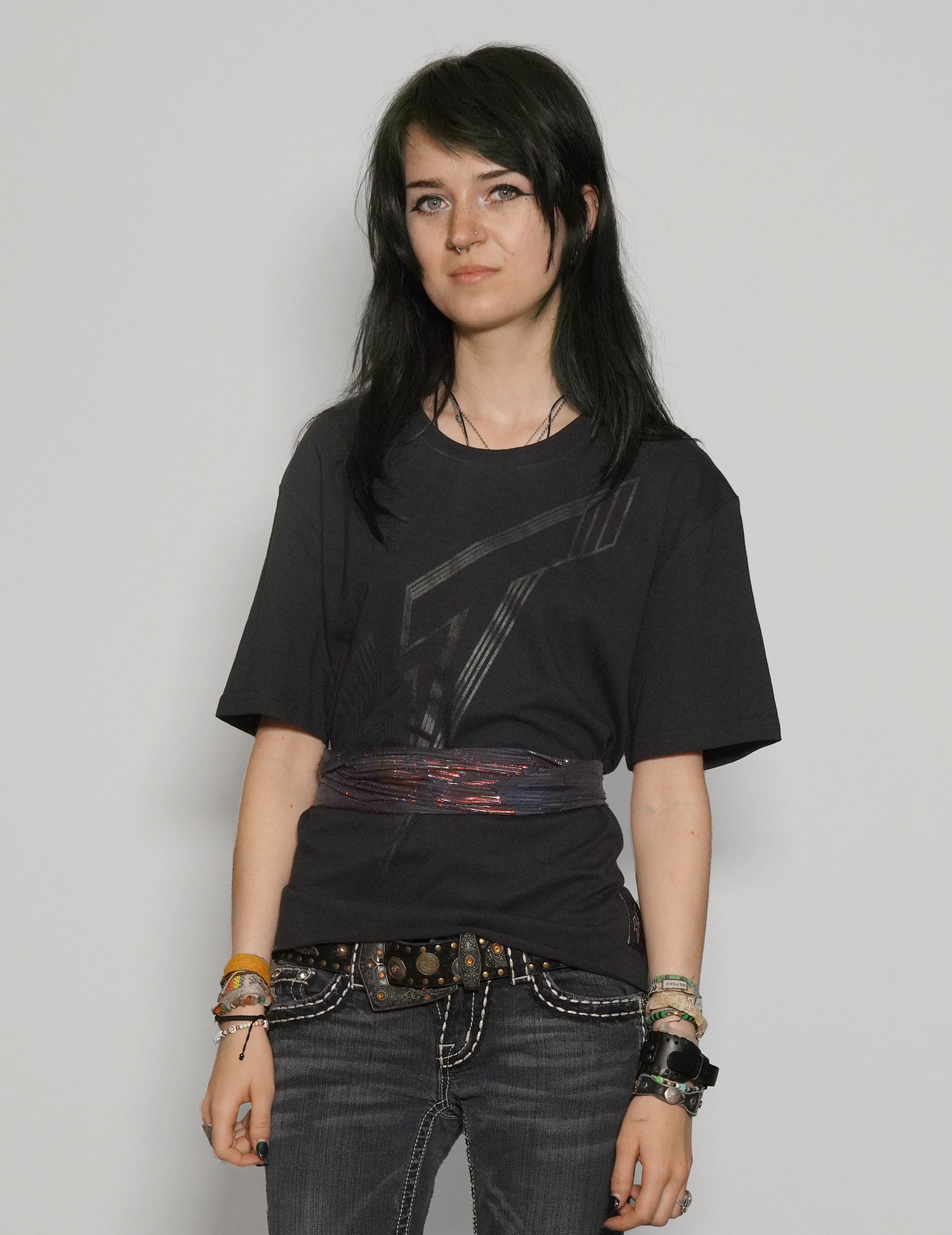 ST Lined Logo Tie-Tee in Black with Blue & Gold Tie