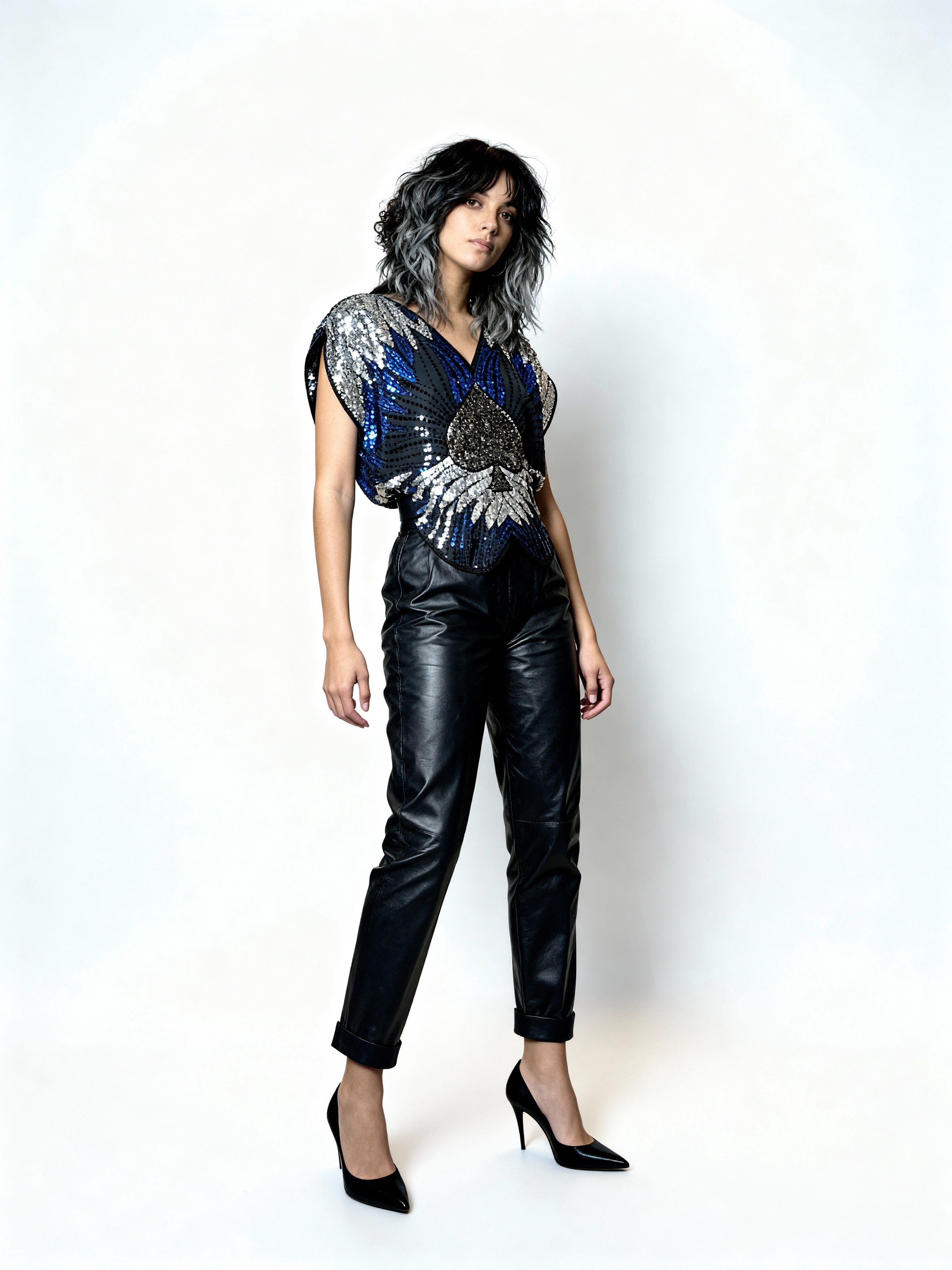 Original 1970's Vintage Black / Silver / Blue Sequinned Top UK 8 - 12