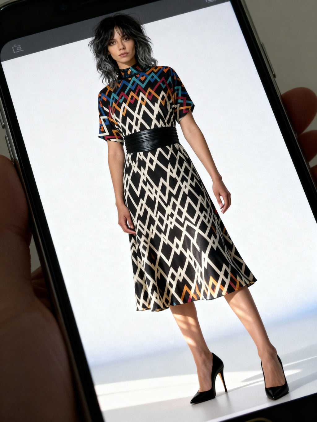 Stunning Original Vintage 1980's Virginie Paris Geometric Print Dress UK 8 - 12