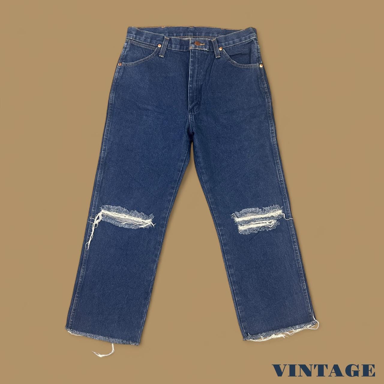 Vintage Wrangler Distressed Straight Leg Raw Hem Ankle Jeans Dark Blue W31 L25