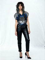 Original 1970's Vintage Black / Silver / Blue Sequinned Top UK 8 - 12