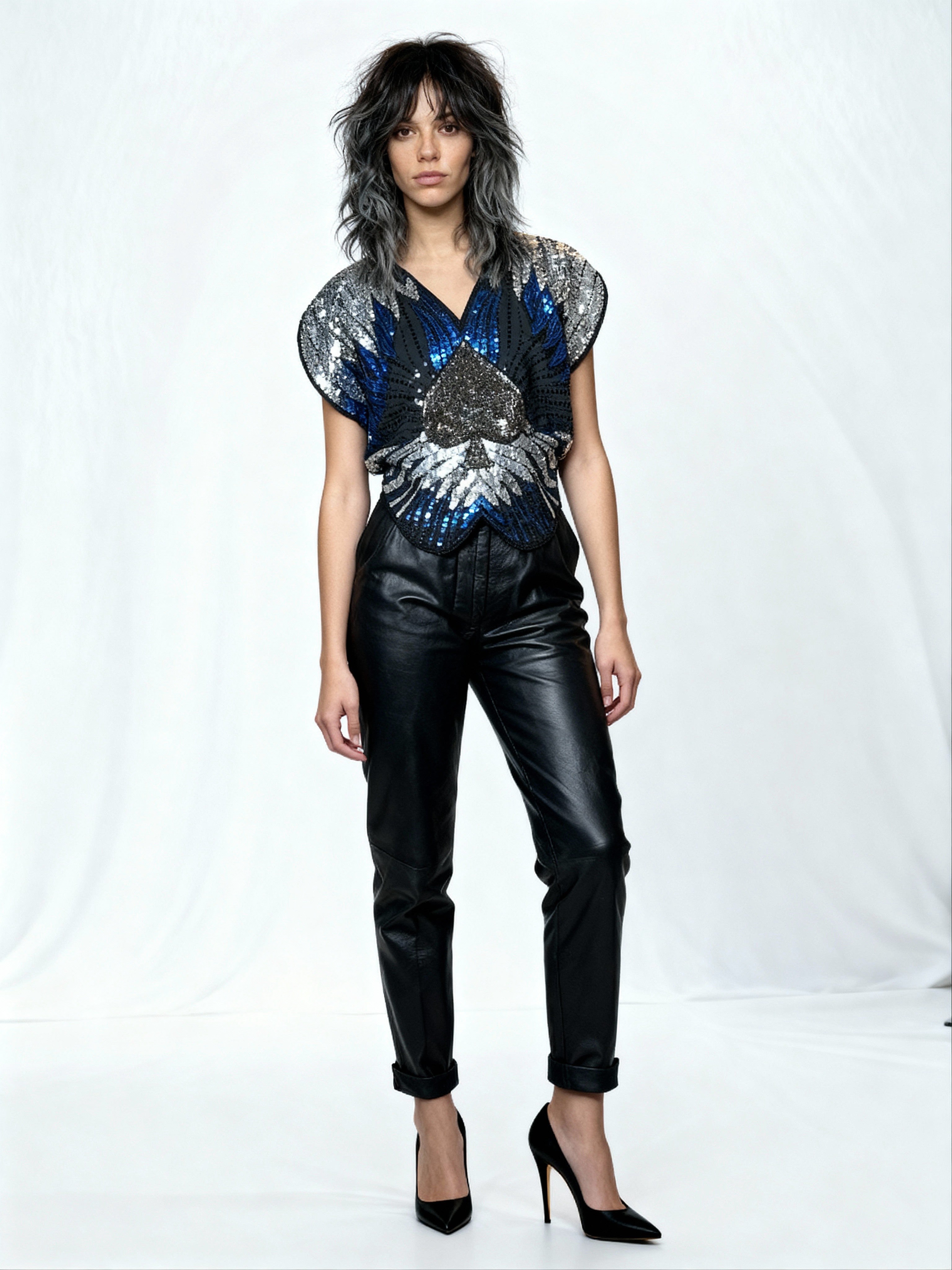 Original 1970's Vintage Black / Silver / Blue Sequinned Top UK 8 - 12