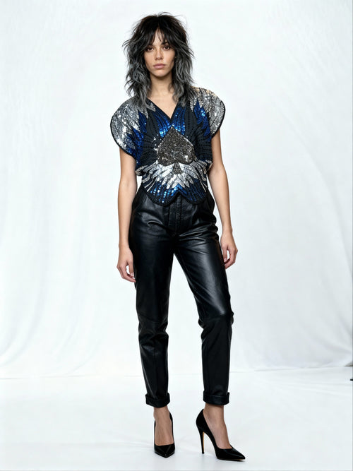 Original 1970's Vintage Black / Silver / Blue Sequinned Top UK 8 - 12