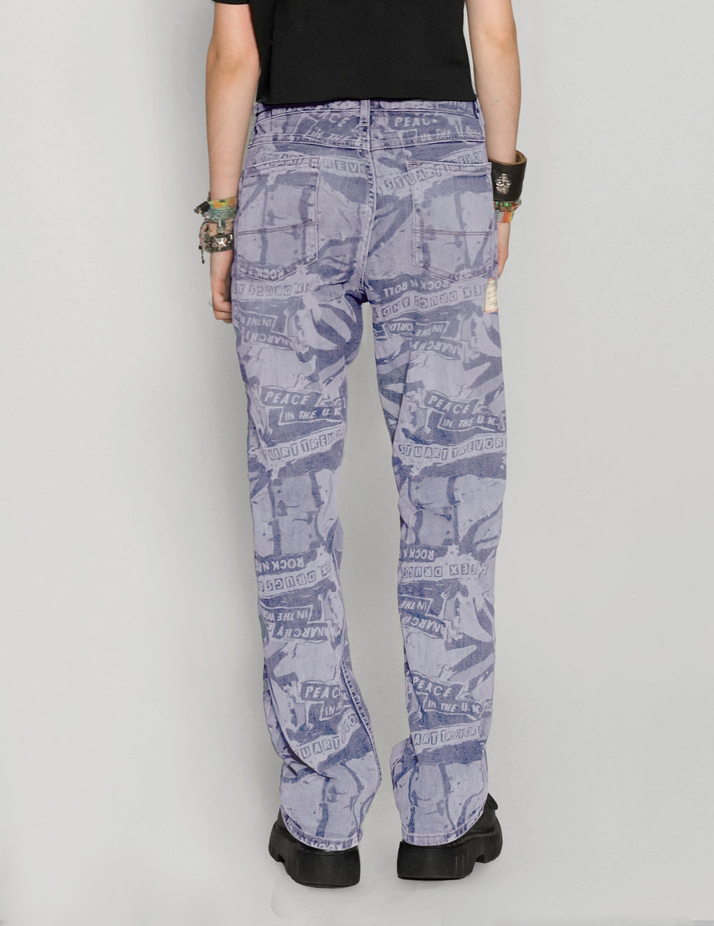 'Peace' Laser Print Jeans in Light Blue.
