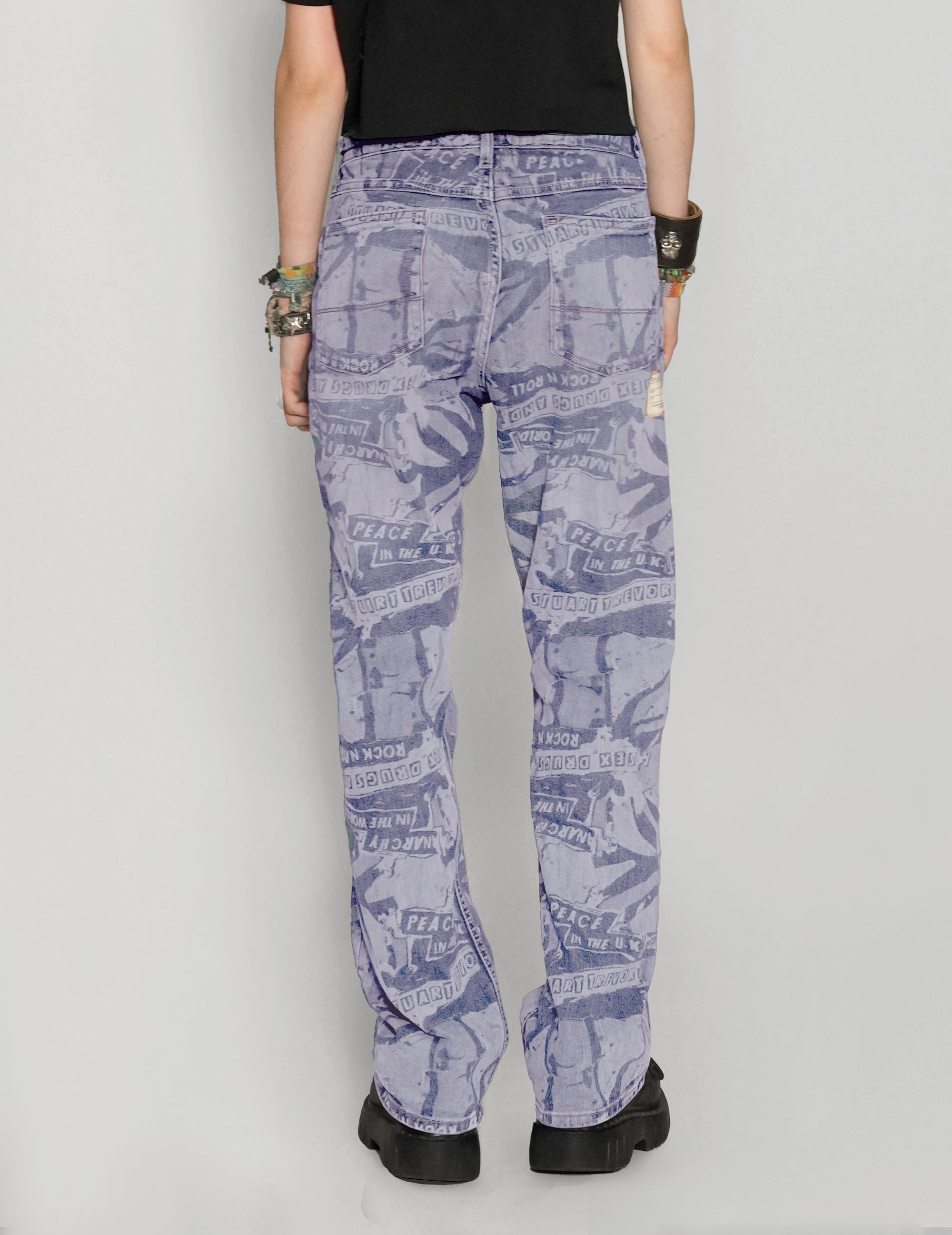 'Peace' Laser Print Jeans in Light Blue.