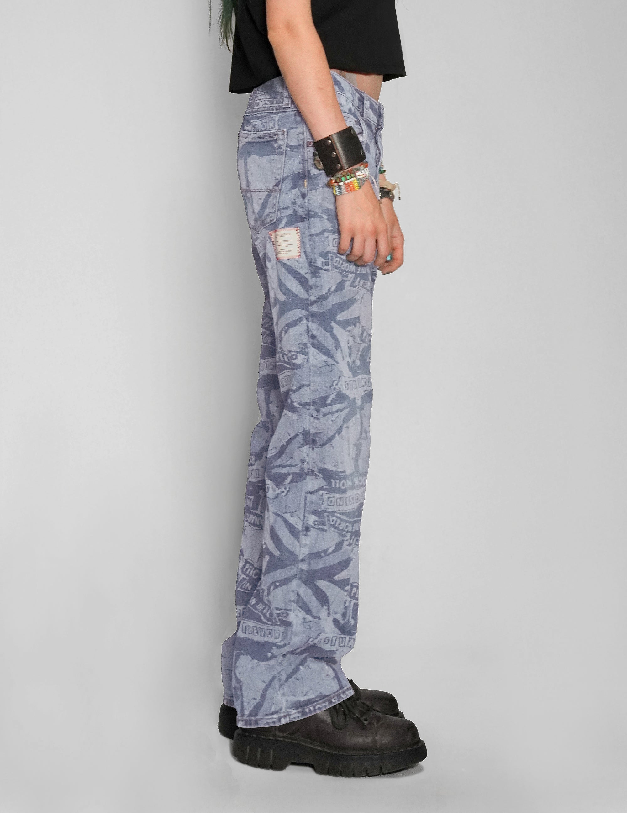 'Peace' Laser Print Jeans in Light Blue.