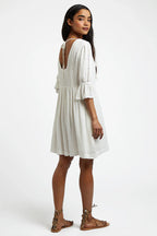 Amarine Self Dot White Square Back 3/4 Sleeve Mini Dress