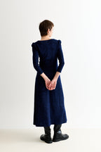 Moa Sustainable Marl Puff Sleeve V Neck Midi Dress - Navy