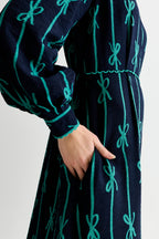 Avon Tie Up High Neck Long Sleeve Midi Dress – Navy