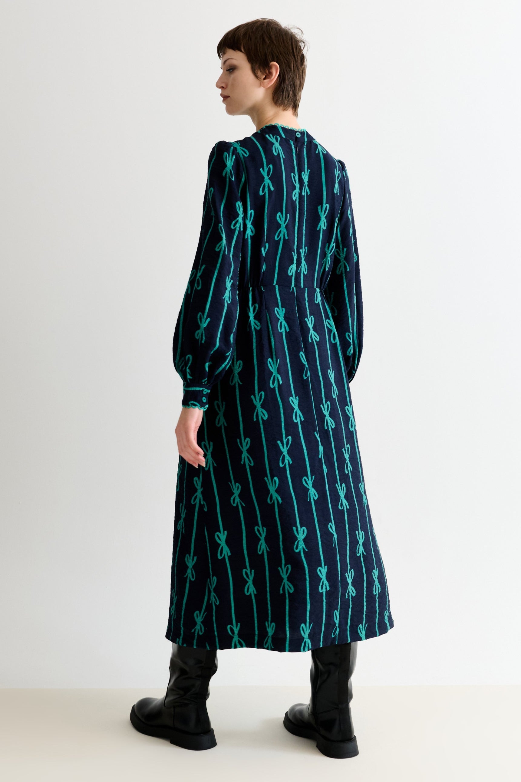 Avon Tie Up High Neck Long Sleeve Midi Dress – Navy