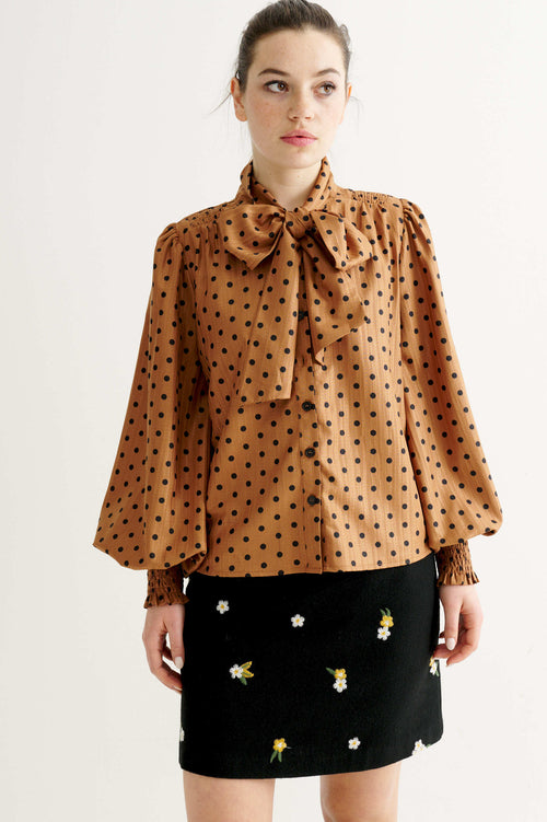 Aditi Spot Tie Neck Blouse - Toffee Multi