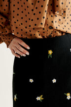 Aubin Daisy Embroidered Tweed A-Line Skirt - Black