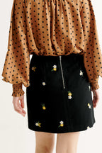 Aubin Daisy Embroidered Tweed A-Line Skirt - Black