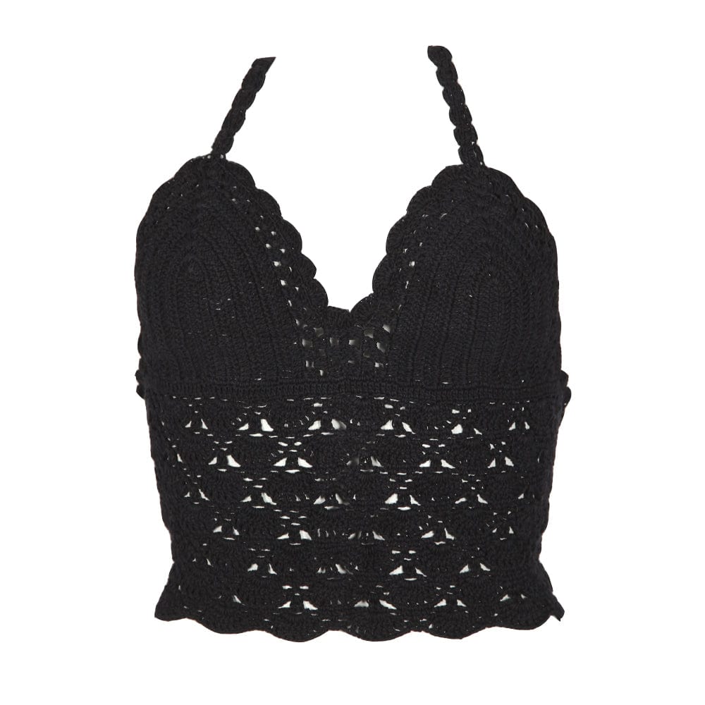 Hippy Lace Up Crochet Halter Top Black
