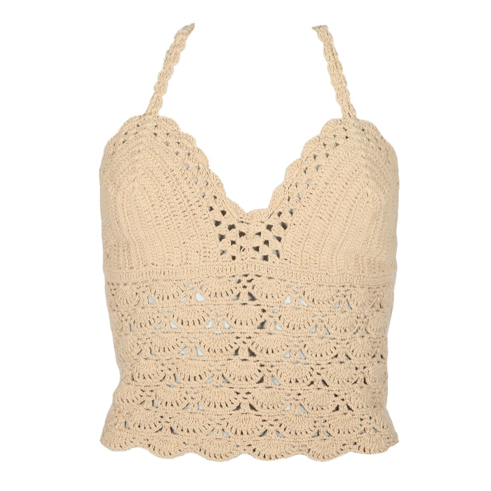Hippy Lace Up Crochet Halter Top Cream