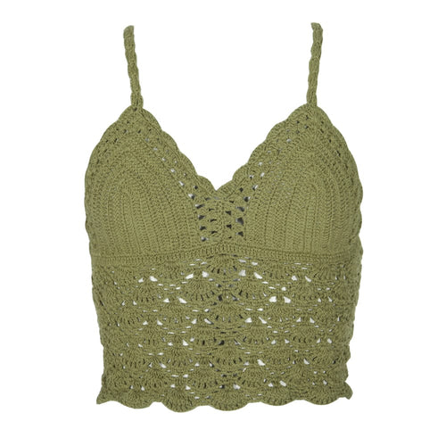 Hippy Lace Up Crochet Halter Top Green