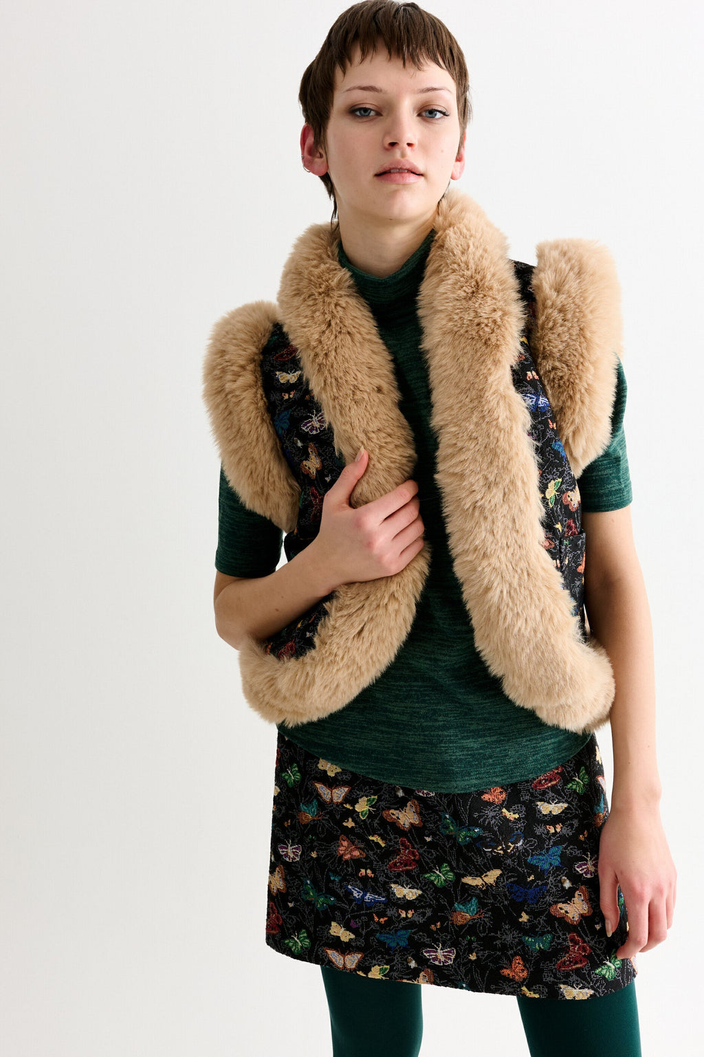 Dominica Butterfly Ball Jacquard Faux Fur Trimmed Waistcoat – Multicoloured