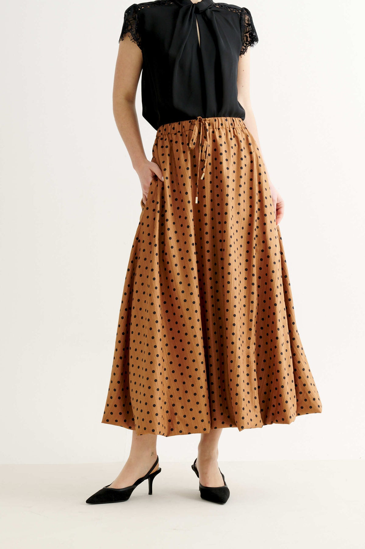 Dixie Spot Print Bubble Hem Midi Skirt - Toffee