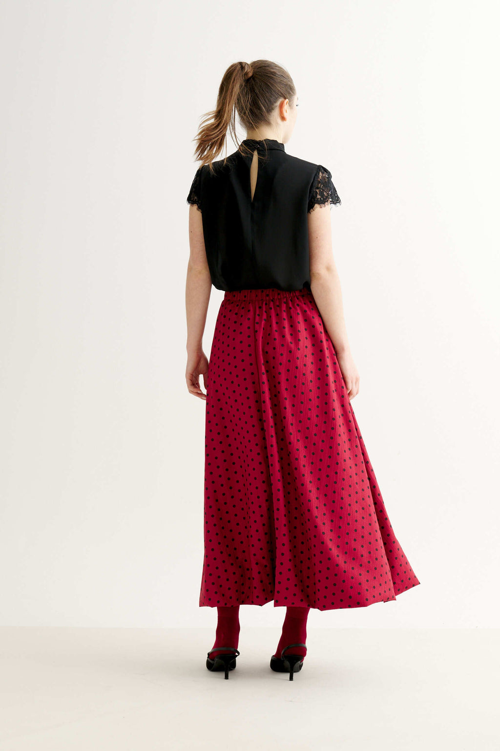 Dixie Spot Print Bubble Hem Midi Skirt - Wine