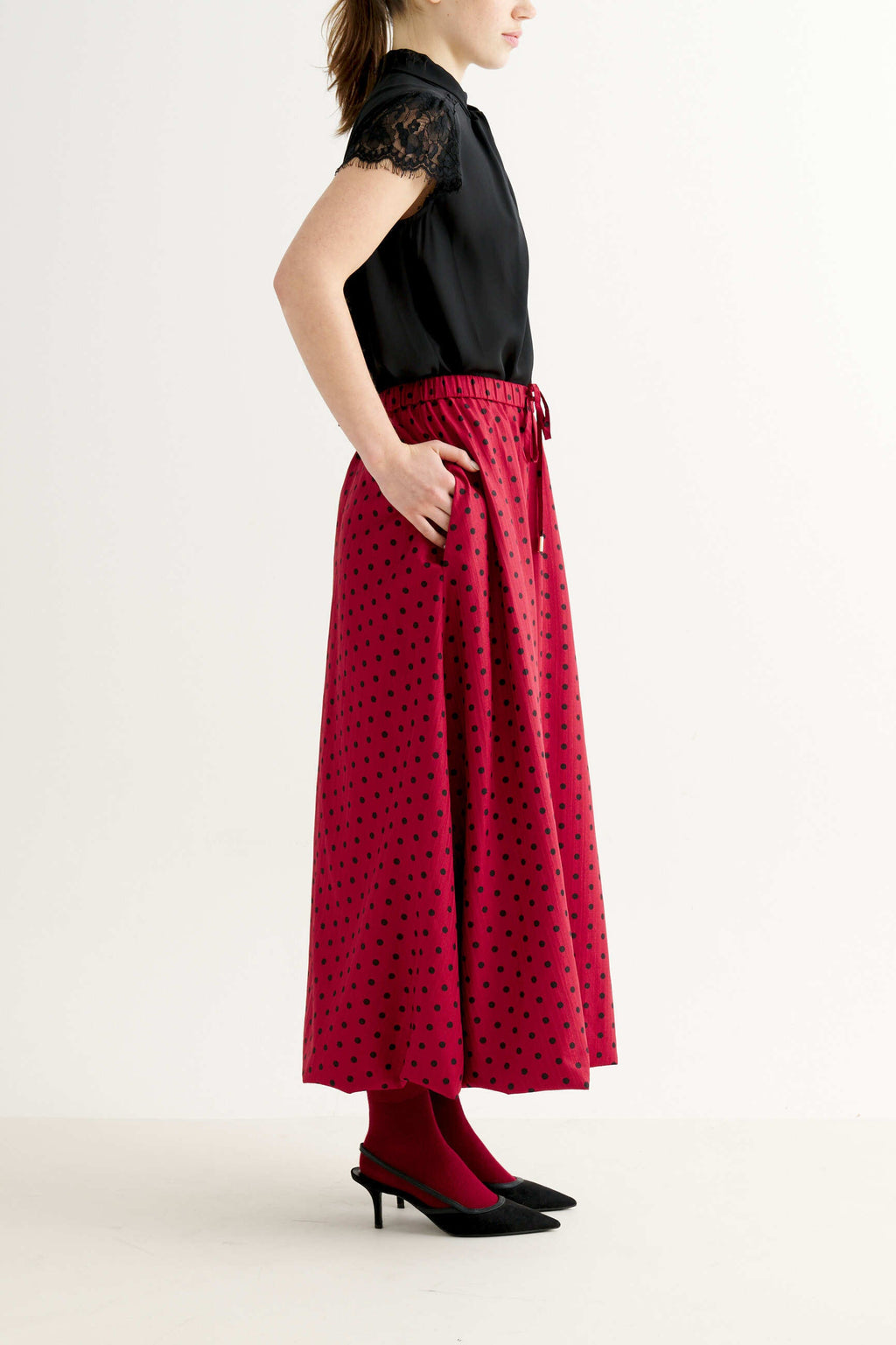 Dixie Spot Print Bubble Hem Midi Skirt - Wine