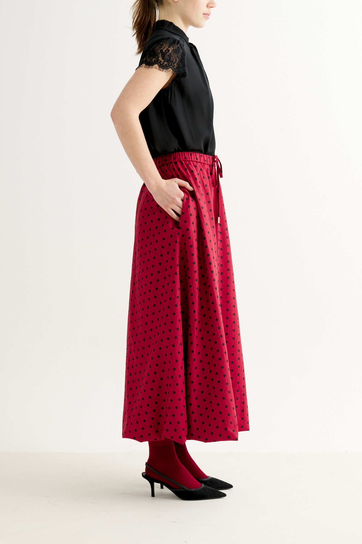Dixie Spot Print Bubble Hem Midi Skirt - Wine