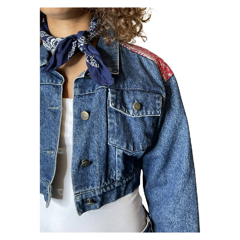 Original Vintage 1980's Denim & Floral Patch Jacket UK 8 - 10