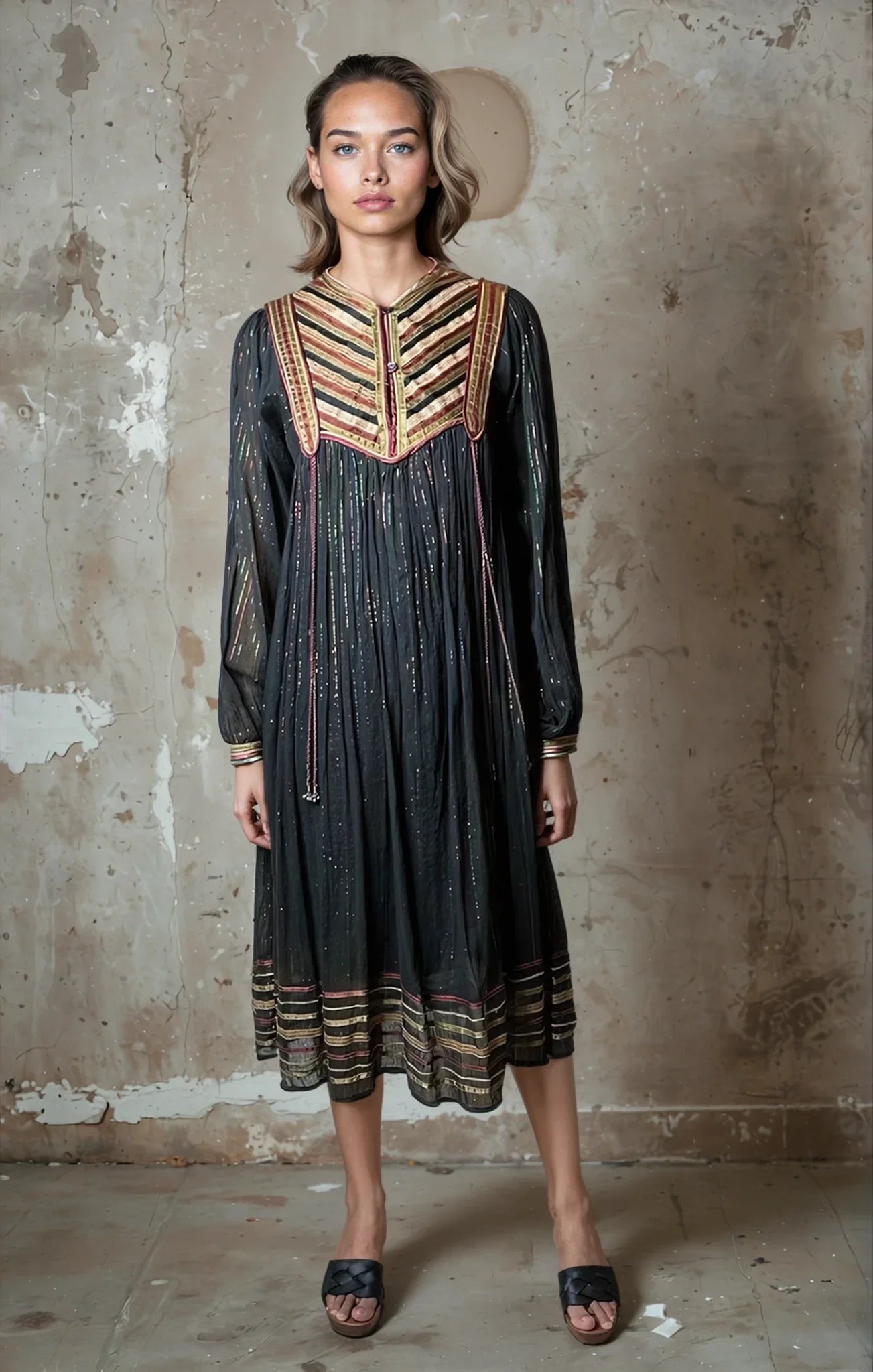 Original Vintage 1970's Black Indian Cotton Boho / Hippie Dress UK 8