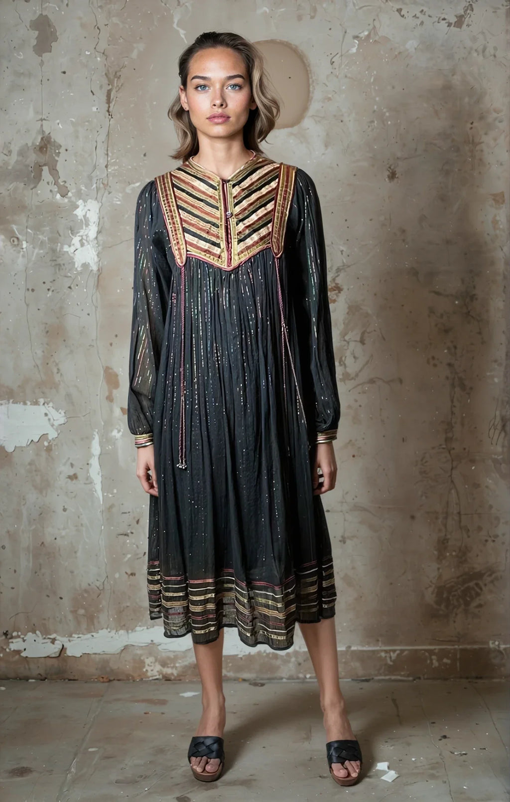 Original Vintage 1970's Black Indian Cotton Boho / Hippie Dress UK 8 - 14